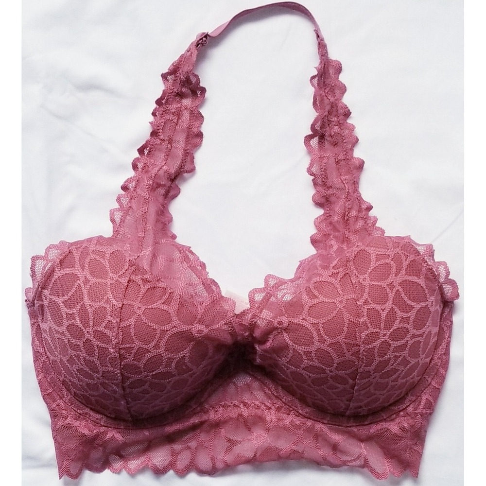 PINK By VICTORIA'S SECRET Halter Hook Closure Solid Pink LACE BRALETTE Sz S D-DD